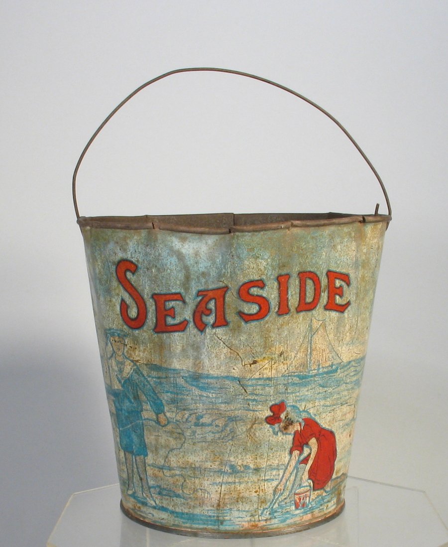 1900s Tin Seaside Beach Pail w Airplanes (1 of 2)