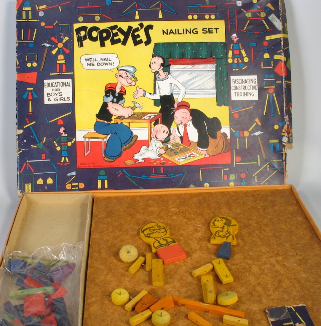 1930s Popeye Nailing Set In the Box: 1930s Popeye Nailing Set In the Box. Great graphic box on this scarce and odd Popeye themed \"construction training\" toy.