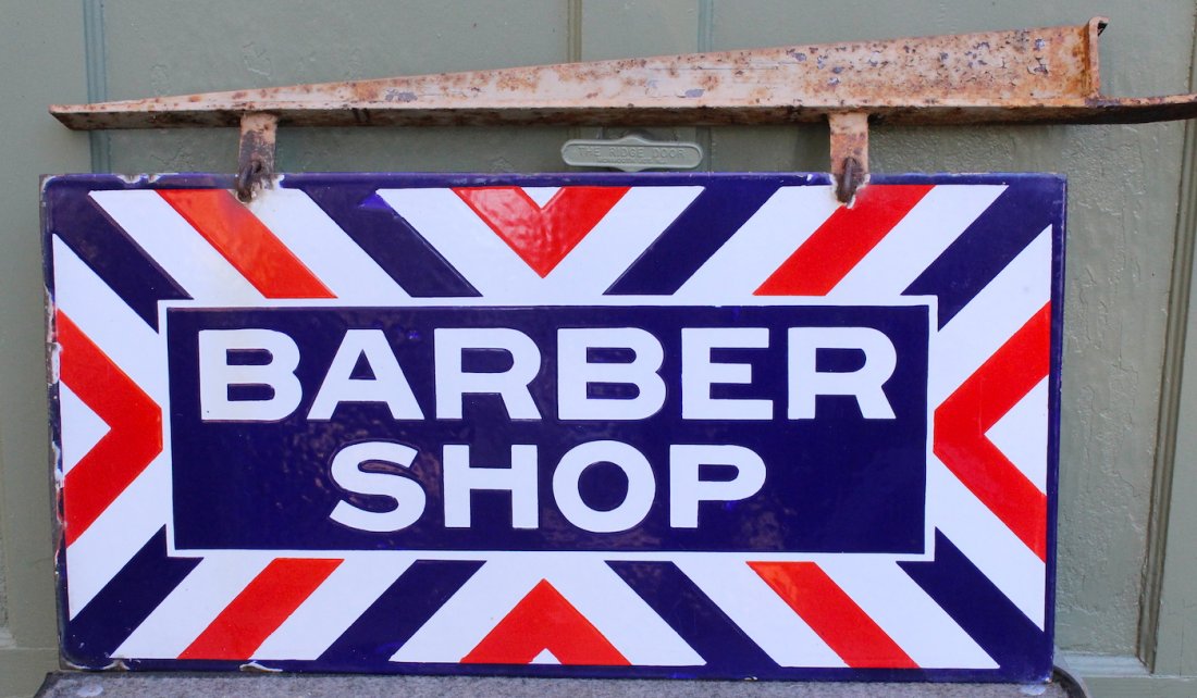 Barber Shop Sign with Bracket Porcelain Double Sided (1 of 2)