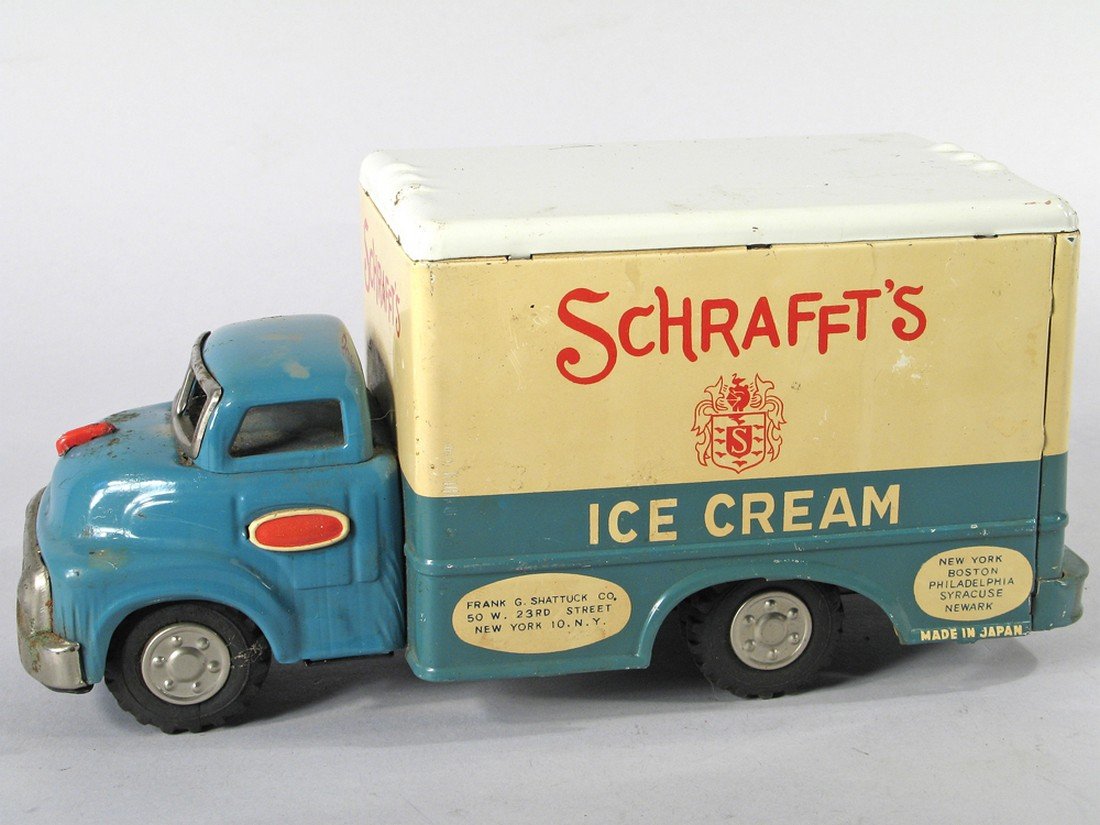 Schraffts Ice Cream Truck Tin Japan: Schraffts Ice Cream Truck Tin SSS Japan, 9 inches.