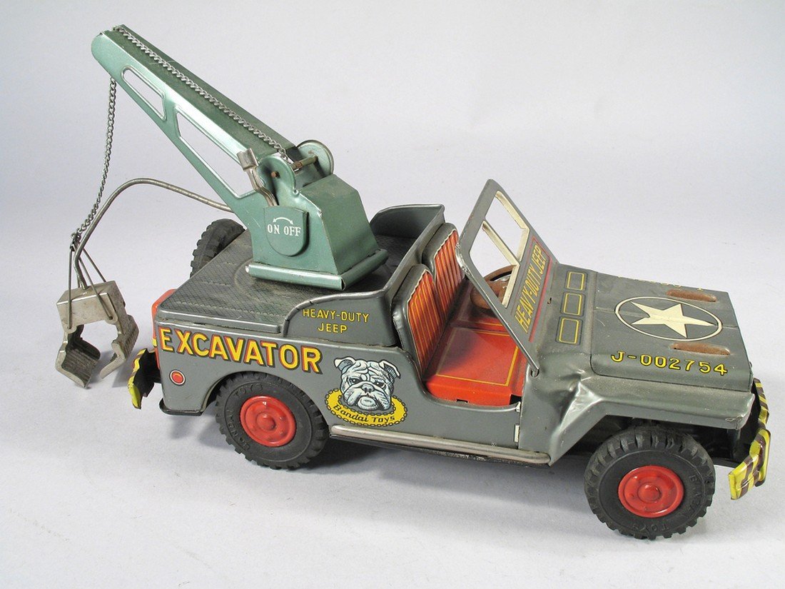 Bandai Jeep Tin Litho Excavator: Bandai Jeep Tin Litho Excavator, 10 inches Japan