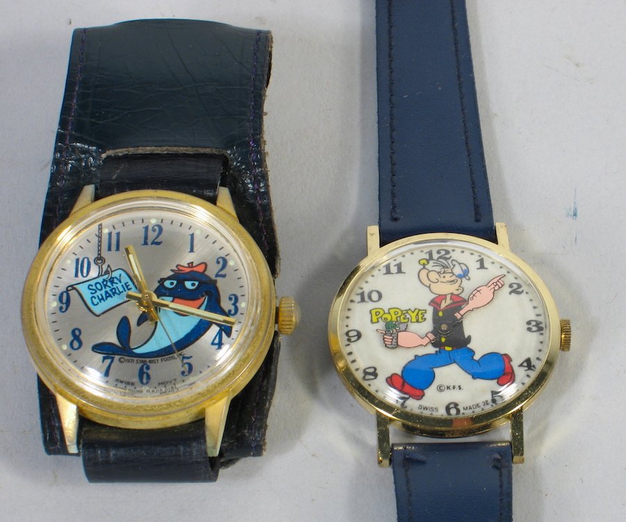 Popeye and Charlie the Tuna Swiss Watches: Popeye and Charlie the Tuna Swiss Watches. Vintage excellent warehouse stock.