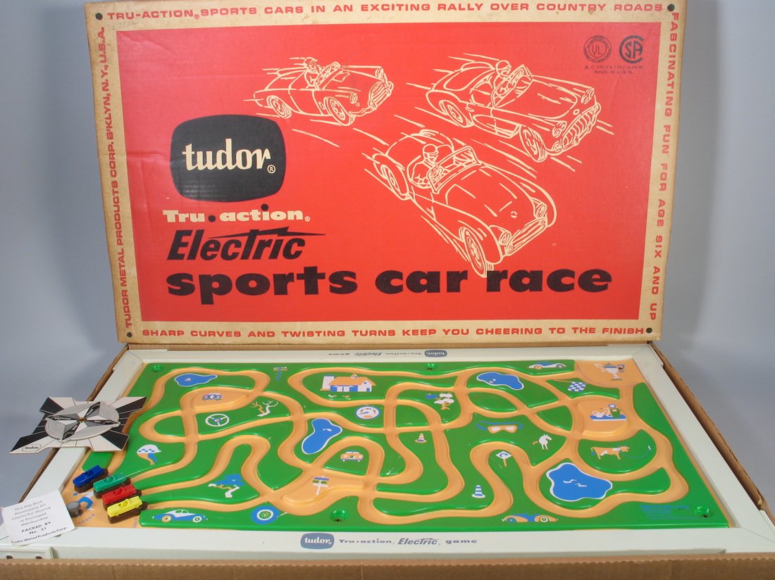 Tudor Electric Sports Car Race Corvette Rally Scarce: Tudor Electric Sports Car Race Corvette Rally. Scarce Near mint in the box race toy. Known for their best selling football games Tudor tried their hand in this seldom found electric race toy. Contains