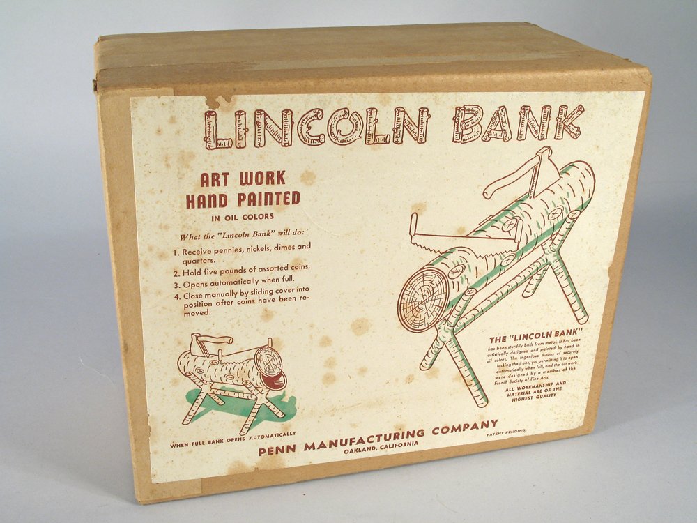 Lincoln Mechanical Bank MIB Mint Unopened: Lincoln Bank MIB Mint Unopened. Penn Manufacturing Company of Oakland, California- Lincoln Bank. MIB Mint Unopened, seal never broken. Saw pops open the log when it is full of coins.