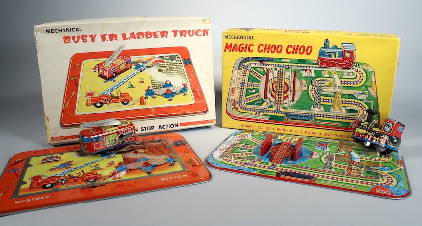 Japan Tin Train and Fire Dept Wind up Toys In Box (1 of 3)