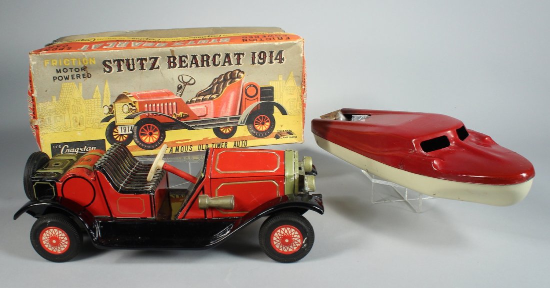 Cragstan Japan Stutz Bearcat in Box and Tin Boat: Cragstan Japan Stutz Bearcat in Box and Tin Put-Put powered Boat. Both near mint.