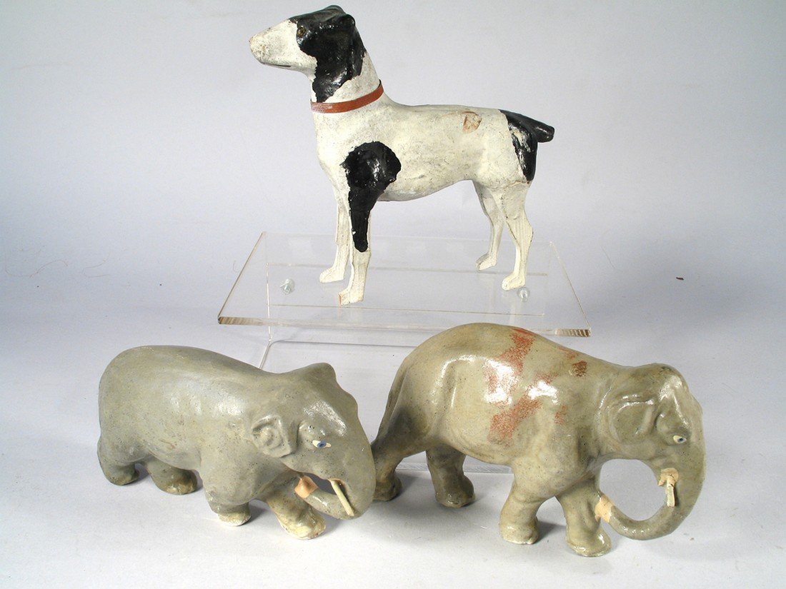 German Hand Painted Composition Elephants & Dog (1 of 2)
