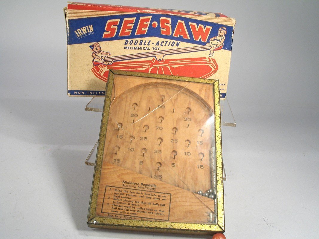 Irwin See Saw Bagatelle Game Lot Tin Litho: Irwin See Saw Bagatelle Game Lot Tin Litho
