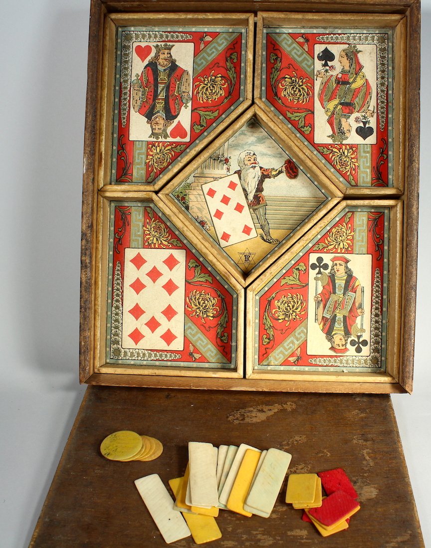 Nain Jaune Yellow Dwarf French Card Game & Board: Nain Jaune game of playing cards with game board, instructions in English. Playing pieces included. Measures 12 x 10 inches.