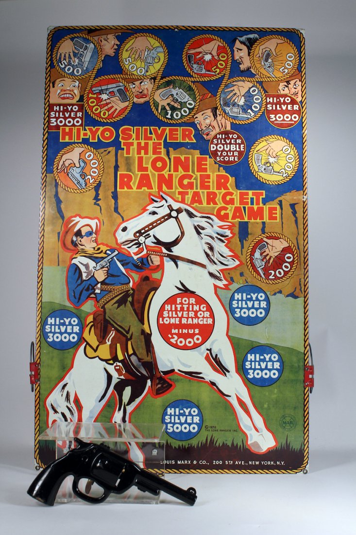 1938 Marx Lone Ranger Target Game with Gun: Marx Lone Ranger Target Game with Gun. Vibrant tin litho target toy.