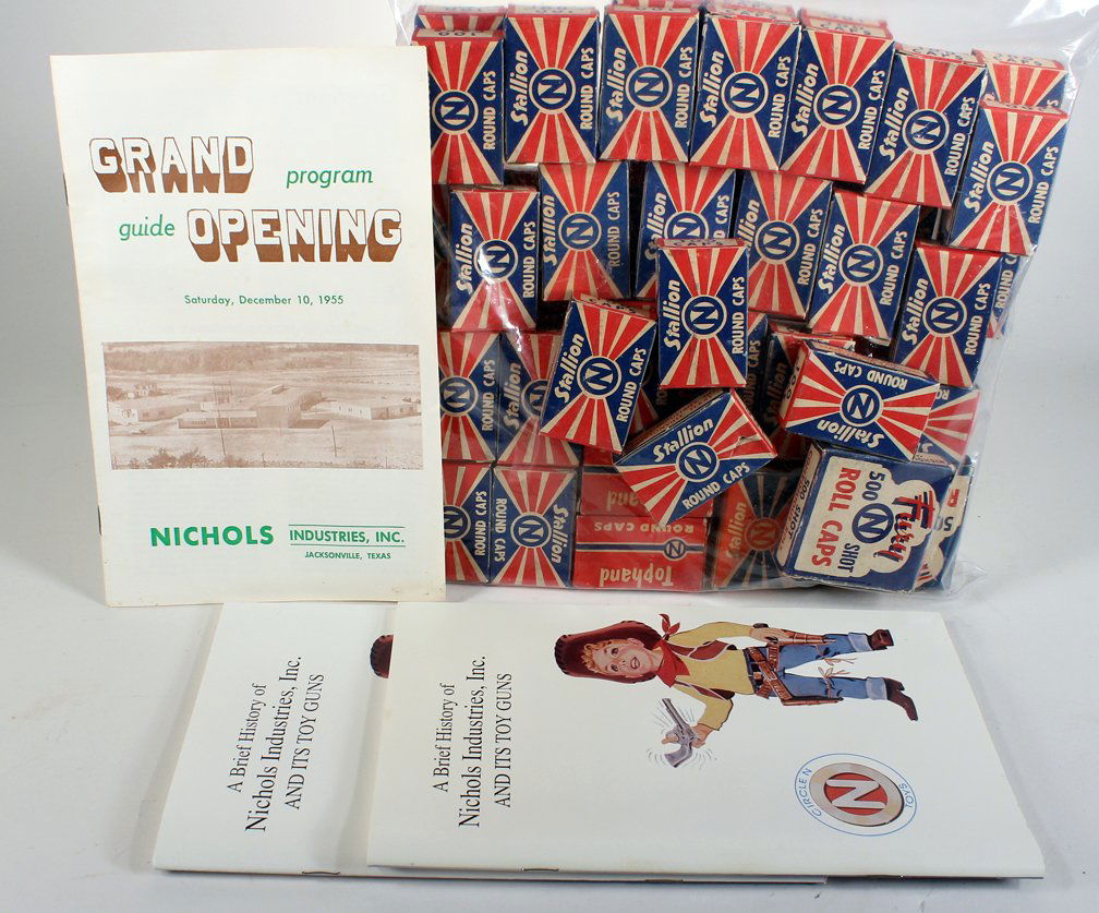 Nichols Roll Caps Mint& Company Grand Opening Ephemera: Nichols Roll Caps Mint and Company Grand Opening Ephemera. Large bag of cap gun caps and rolls and historic 1955 Factory Grand opening and history literature.