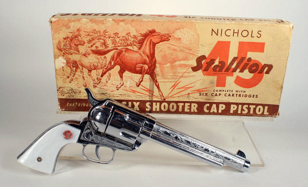 Nichols 45 Stallion 6 Shooter in Box: Nichols 45 Stallion 6 Shooter in Box. Gun appears to be about mint, nice complete box.
