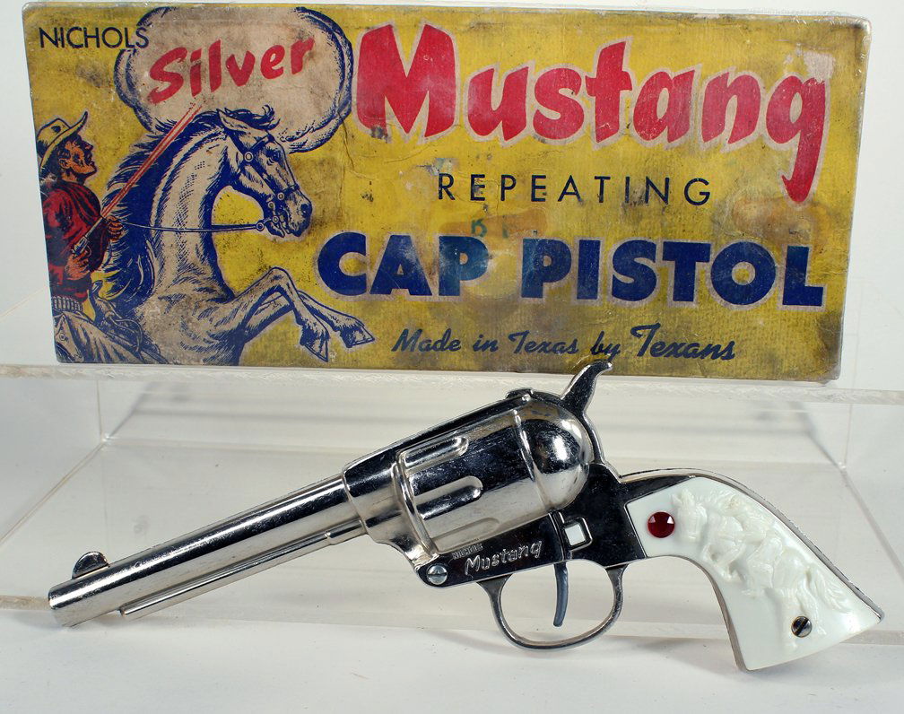 Nichols Silver Mustang Cap Gun and Box: Nichols Silver Mustang Cap Gun and Box