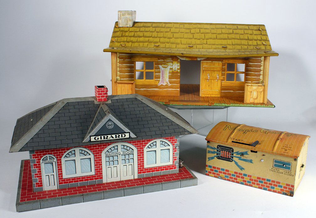 Marx Schuco & Girard Tin Buildings Garage & Train (1 of 2)