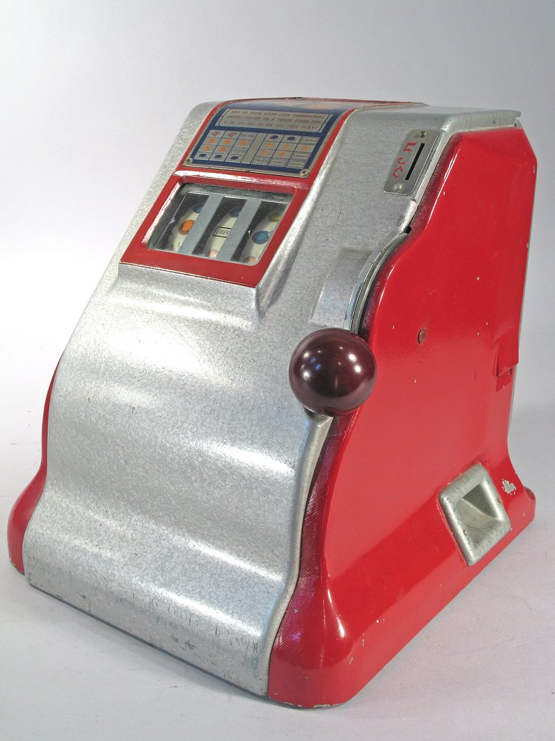 Liberty 5 Cent Table Top Slot Trade Stimulator: Liberty 5 Cent Table Top Slot Trade Stimulator, pressed Steel, coin op, 11 inches