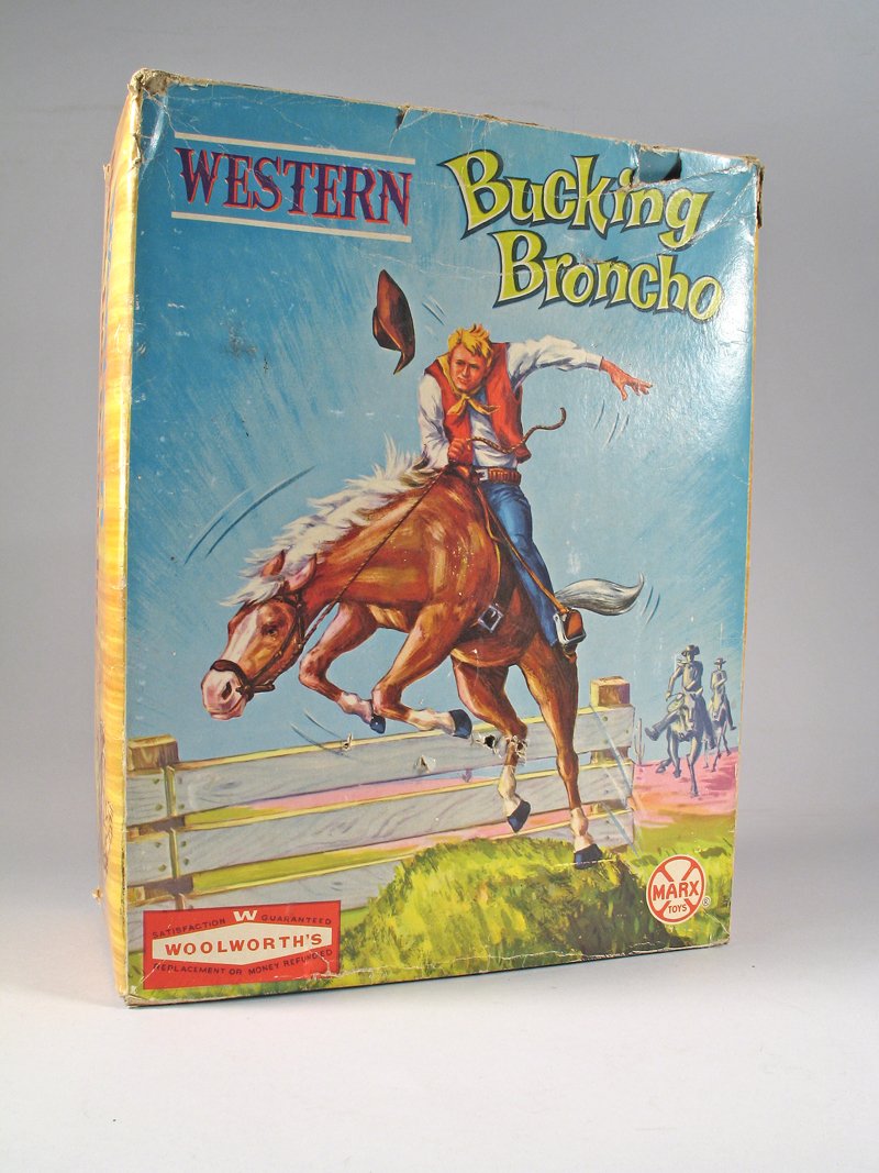 Large Marx Bucking Bronco Cowboy on Horse In Box: Marx Bucking Bronco In Box, branded Woolworth, plastic, 13 inches , EX w inserts. Large toy