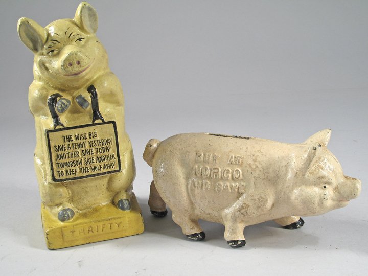 Thrifty Pig Cast Iron Bank Lot Norco Adv Pig (1 of 2)
