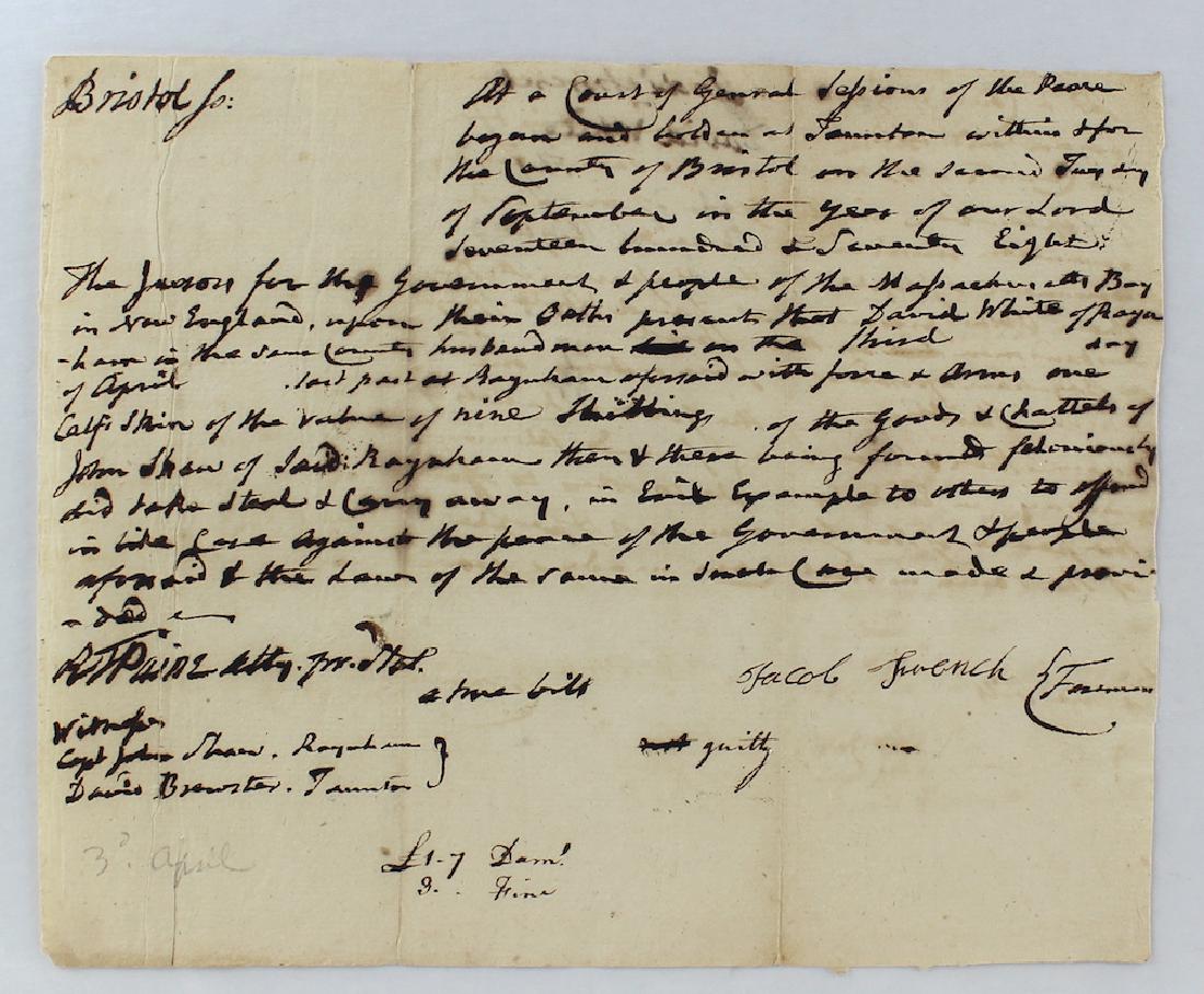 1778 Robert T. Paine Signed Document on Theft (1 of 3)