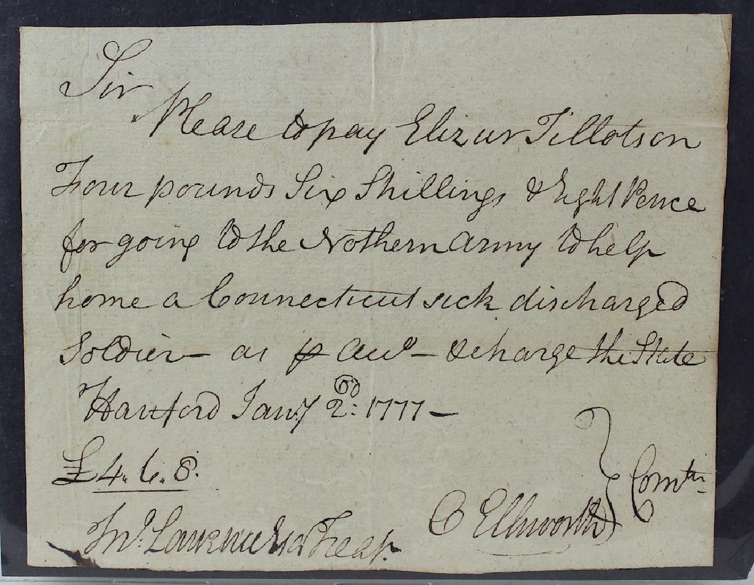 1777 Ellsworth Northern Army Sick Soldier Discharge: 1777 Oliver Ellsworth signed paper to the Northern Army for Sick Soldier Discharge payment Signed on heavy rag paper. 5 1/2 by 7 inches. Excellent. "Oliver Ellsworth (April 29, 1745 -November 26, 1807