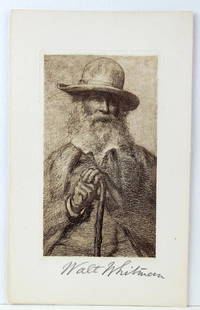 Walt Whitman Signature On Litho Portrait: 1880s Walt Whitman Signed litho 5 1/2 by 9 1/2 inches. Strong signature under the image of Whitman leaning on his cane. Excellent. Walt Whitman (May 31,1819 - March 26, 1892) "American poet, essayist,