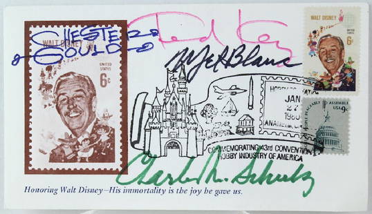 All Star Cartoonist Signed Disney First Day Cover: All Star Cartoonist Signed Disney First Day Cover with Chester Gould, Ted Key, Charles Schulz, and the voice of Bugs Bunny and Warner Bros. cartoon characters- Mel Blanc. Nice group of the animation g