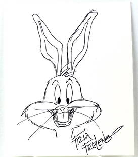 Friz Freleng Bugs Bunny Signed Drawing: Friz Freleng (August 21, 1906 - May 26, 1995) cartoonist signed Bugs Bunny drawing. Measures 6 by 7 inches.