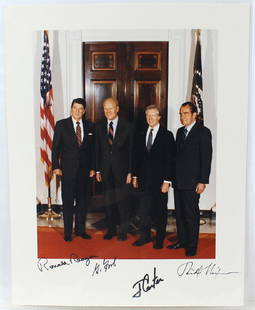 Four Presidents &Signatures Reagan, Ford, Carter& Nixon: Four Presidents & Signatures Reagan, Ford, Carter, Nixon. It was uncommon in history to have 4 living presidents at the same time, let alone together for a photograph. All four are signed below the