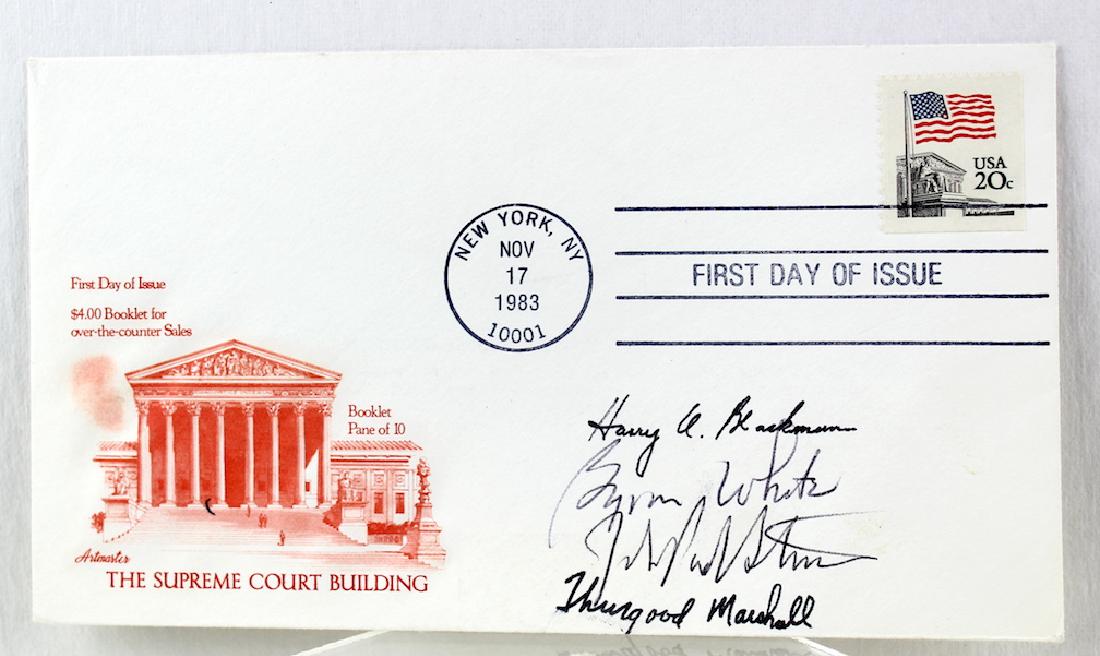Thurgood Marshall & 3 Supreme Court Justices: Thurgood Marshall & 3 Supreme Court Justices signature on Supreme Court Building first day cover. Thurgood Marshall the boldest on the bottom.