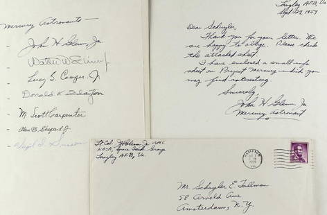 Project Mercury Orig 7 Astronauts & John Glenn Letter: Mercury Space Project Original 7 Astronauts signatures on paper sent by John Glenn with letter signed by John Glenn. Large signatues all on the same page from: the seven original Mercuray astronauts