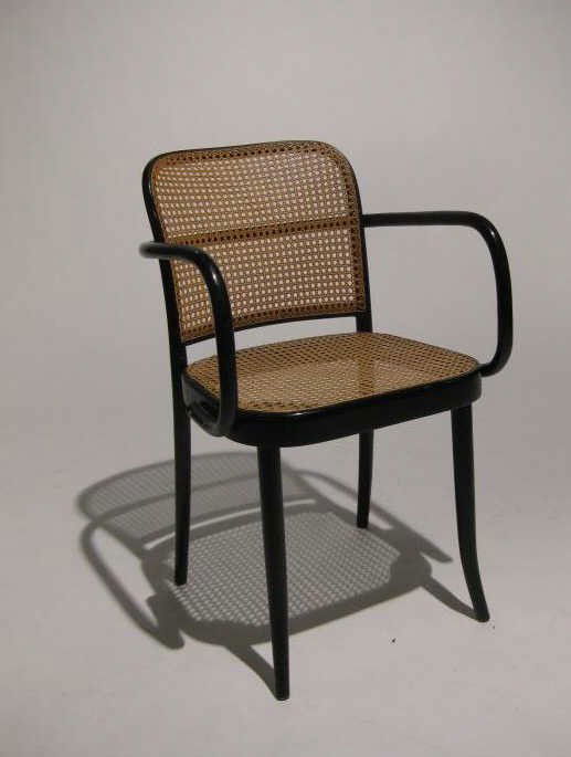 JOSEF HOFFMANN FOR MICHAEL THONET & SONS: Bentwood armchair with canned seat, Stendig labels. 32 x 20 inches