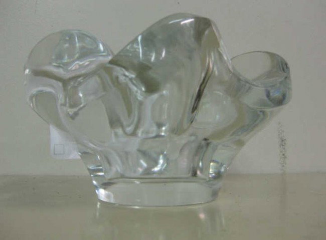 LALIQUE, FRANCE: Swirl pattern crystal candleholder, etched signature. 4 x 7 inches Property collected by Anne Desloge Werner Bates.