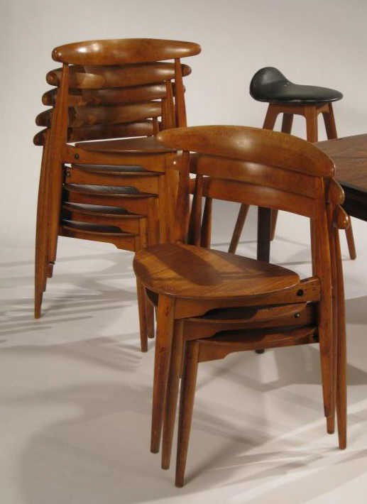HANS WEGNER FOR FRITZ HANSEN: Set of eight three leg side chairs, marked FH, Denmark. 29 1/4 x 21 inches