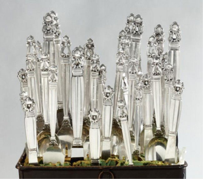 JOHAN ROHDE FOR GEORG JENSEN, DANISH: ACORN (pattern 62), sterling silver flatware service comprising eight each: dinner knives, dinner forks, salad forks, teaspoons, soup spoons and butter knives, 48 pieces total, signed with Georg Jense