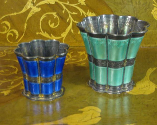 A. MICHELSEN, COPENHAGEN: Two sterling silver and enamel lobed flair vases, stamped underfoot. blue: 2 3/8 x 2 3/4 inches green: 3 3/8 x 3 3/4 inches