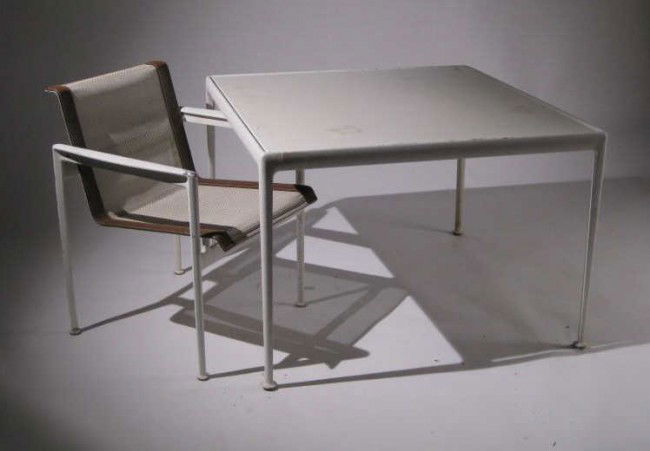 RICHARD SCHULTZ, AMERICAN (B. 1926): 1966 Collection, five-piece dining ensemble comprising a white enamel top table, 26 1/2 x 38 x 38 inches; and four open armchairs, 29 1/4 x 23 1/4 inches.