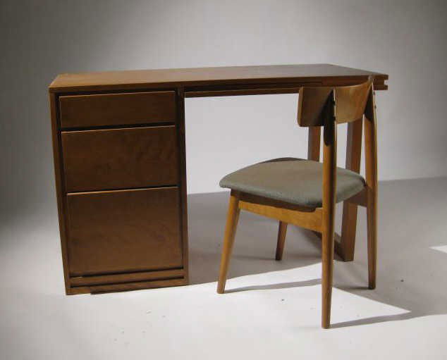 RUSSEL WRIGHT FOR CONANT BALL: Single pedestal writing desk, labeled, 30 x 48 x 24 inches; and upholstered seat desk chair, 30 x 18 1/2 inches.