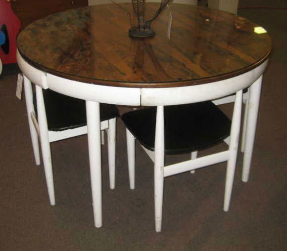 HANS OLSEN FOR FREM ROJLE: Dinette set; rosewood table (base has been painted white) with four chairs (also painted white), marked Frem Rojle Denmark. 29 x 47 inches