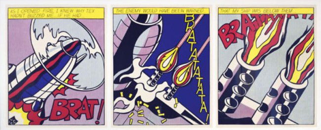 AFTER ROY LICHTENSTEIN, AMERICAN (1923-1997): AS I OPEN FIRE (triptych), offset color lithograph, "signed", framed. 25 x 20 1/2 inches (each sheet)