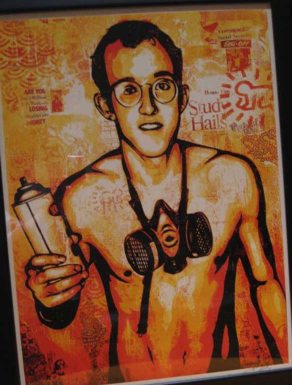 SHEPARD FAIREY, AMERICAN (B.1970): KEITH HARING, 2010, serigraph on canvas, 366/450, pencil numbered, signed and dated lower margin, framed. 23 x 17 inches