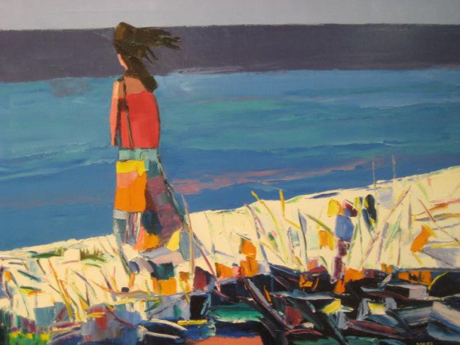 SIDNEY SMILEY, AMERICAN (1912-2002): Girl standing at the shore, 1980, acrylic on canvas, signed and dated lower right, framed. 30 x 40 inches