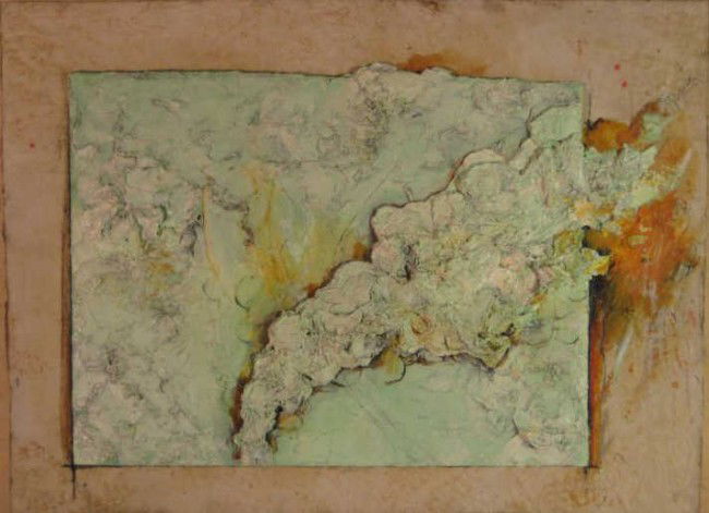 JAMES MICHAEL SMITH, AMERICAN: PLUME-G, mixed media on wood panel, signed and titled on verso. 18 x 24 inches Provenance: purchased at Crows Ink, St. Louis, 2001.