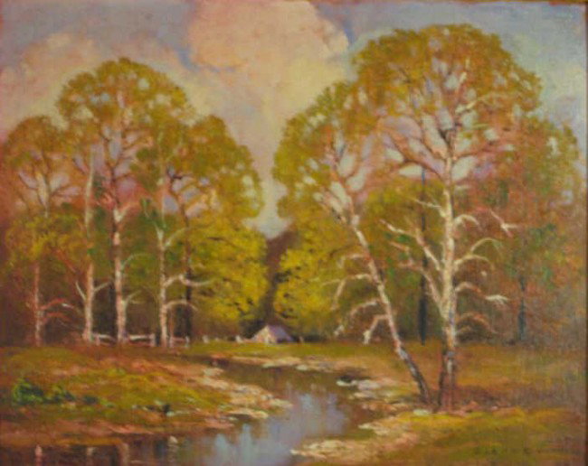 GLENN C. SWEDLUN, AMERICAN (1902-1987): LEATHER WOOD CREEK (painted at leather wood, 4 miles N.W. of Eureka Springs, Ark), oil on artist board, signed lower right, titled on verso, framed. 16 x 20 inches