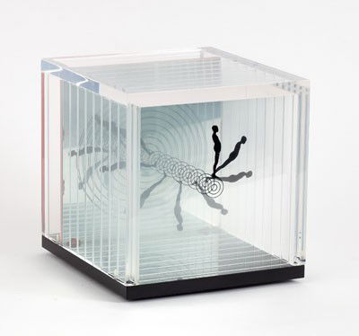 ERNEST TROVA, AMERICAN (1927-2009): Falling Man Perspective Box, circa 1964-65, acrylic and screen printed glass slides. 7 1/2 x 7 1/4 x 8 inches