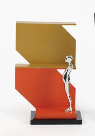 ERNEST TROVA, AMERICAN (1927-2009): ABSTRACT VARIATION MANSCAPE, 1984, cold-rolled steel painted in red and yellow flattened lacquer with 6 inch bronze figure, numbered A.P. /3, stamped, numbered and dated, published by Pace Editions In