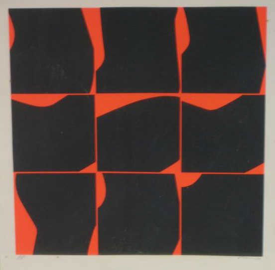 ERNEST TROVA, AMERICAN (1927-2009): Black and orange geometric composition, 1970, silkscreen on paper, artist's proof, signed and dated lower margin, framed. 10 1/2 x 10 1/2 inches