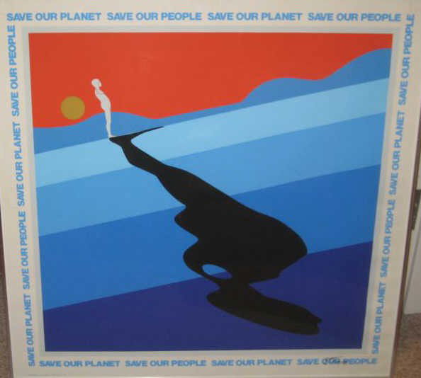 ERNEST TROVA, AMERICAN (1927-2009): SAVE OUR PLANET, SAVE OUR PEOPLE, 1971, color screenprint, signed lower right, framed. 33 1/2 x 33 1/2 inches