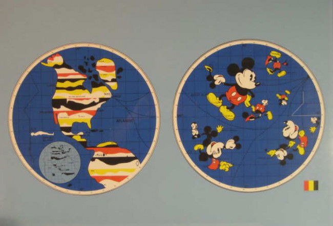 ERNEST TROVA, AMERICAN (1927-2009): Mickey Mouse map of the world, color screenprint, artist's proof, signed and notated in pencil, framed. 21 1/4 x 28 1/2 inches