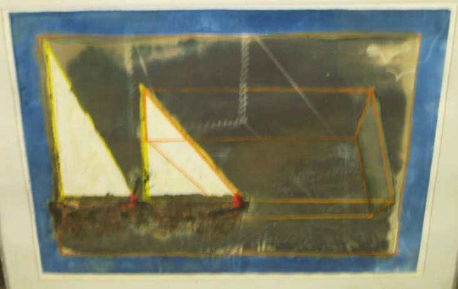 PETER MARCUS, AMERICAN: Abstract composition in blue, grey, orange and yellow, color lithograph, edition #10/10, signed and numbered in pencil, framed. 24 1/4 x 34 inches