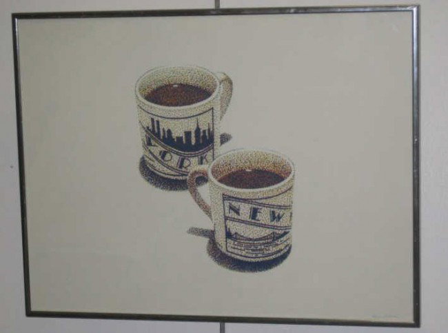 JERRY WILKERSON, AMERICAN (1943-2007): NEW YORK, NEW YORK, skyline coffee mugs with Twin Towers, lithograph, edition 69/100, signed and numbered in pencil lower margin, framed. 12 3/4 x 16 3/4 inches