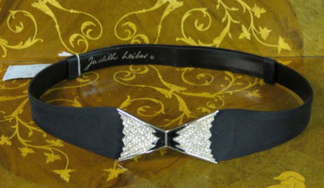 JUDITH LEIBER: Black leather belt with silvered clasp, purchased in the 1970's from Swanson's on the Plaza.